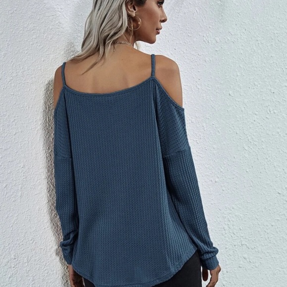 Black Waffle knit long sleeve cold shoulder top - Picture 8 of 10